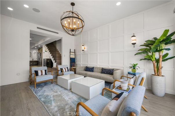 Chandelier, Interior, Living room, Recessed Lighting, Wood Texture Flooring