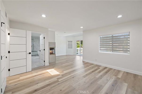 Empty room, Fireplace, Interior, Recessed Lighting, Wood Texture Flooring