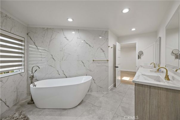 Bathroom, Free Standing Baths, Interior, Marble, Marble Walls, Recessed Lighting