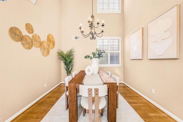 Chandelier, Dining room, Interior, Wood Texture Flooring