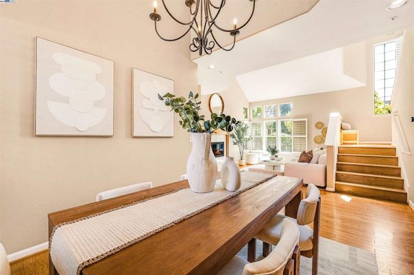 Chandelier, Dining room, Fireplace, Interior, Living room, Recessed Lighting, Wood Texture Flooring