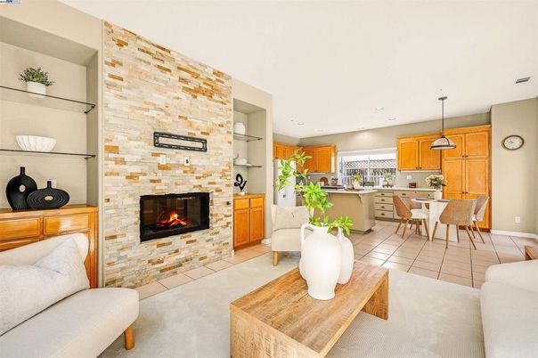 Dining room, Fireplace, Interior, Kitchen, Pendant Lights, Recessed Lighting, Stone Walls