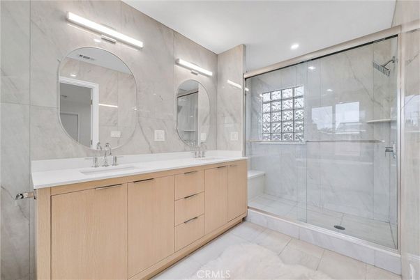 Bathroom, Dual Sink Vanities, Glass Shower, Interior, Marble Walls, Recessed Lighting