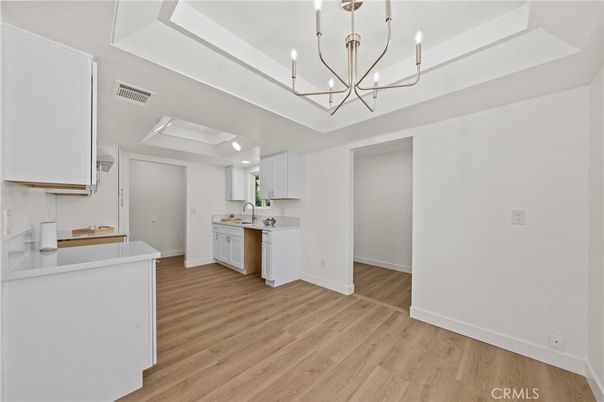 Chandelier, Interior, Kitchen, Pendant Lights, Recessed Lighting, Wood Texture Flooring