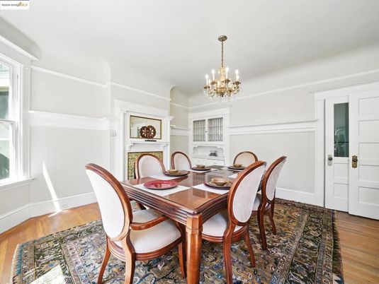 Chandelier, Dining room, Interior, Wood Texture Flooring