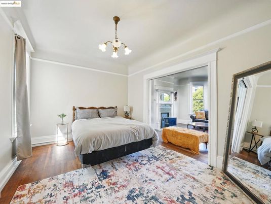 Bedroom, Fireplace, Interior, Pendant Lights, Wood Texture Flooring