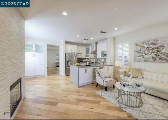 Interior, Kitchen, Living room, Recessed Lighting, Stainless Steel Appliances, Stone Walls, Wood Texture Flooring