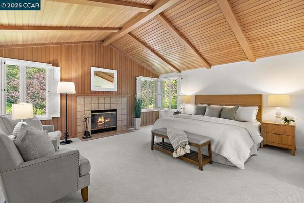Bedroom, Fireplace, Interior, Wooden Beams, Wooden Ceilings, Wooden Walls