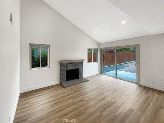 Empty room, Fireplace, Interior, Recessed Lighting, Wood Texture Flooring