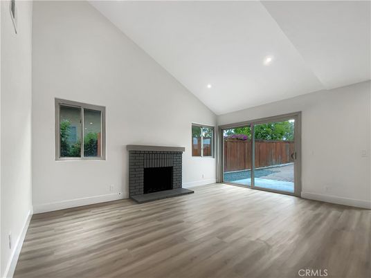 Empty room, Fireplace, Interior, Recessed Lighting, Wood Texture Flooring