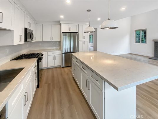 Interior, Kitchen, Pendant Lights, Recessed Lighting, Stainless Steel Appliances, Wood Texture Flooring