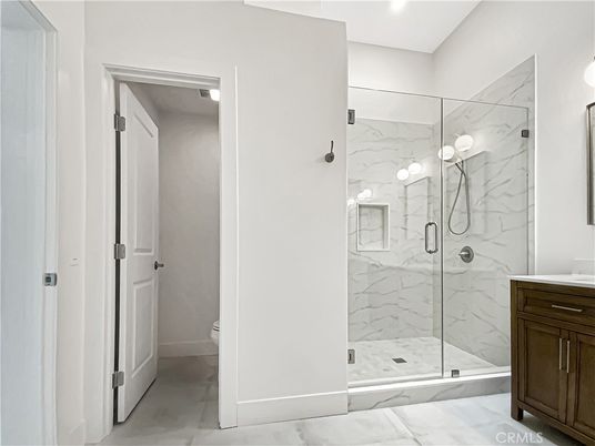 Bathroom, Glass Shower, Interior, Marble Walls, Recessed Lighting