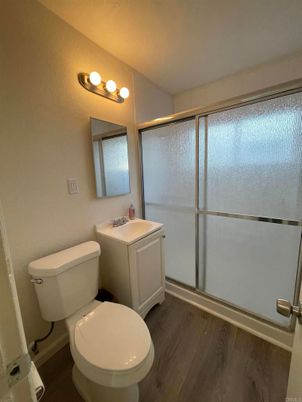 Bathroom, Glass Shower, Interior, Wood Texture Flooring