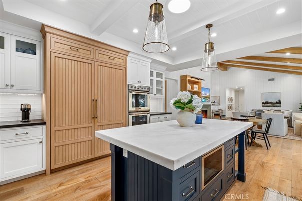 Dining room, Interior, Kitchen, Living room, Pendant Lights, Recessed Lighting, Stainless Steel Appliances, Wooden Beams, Wood Texture Flooring