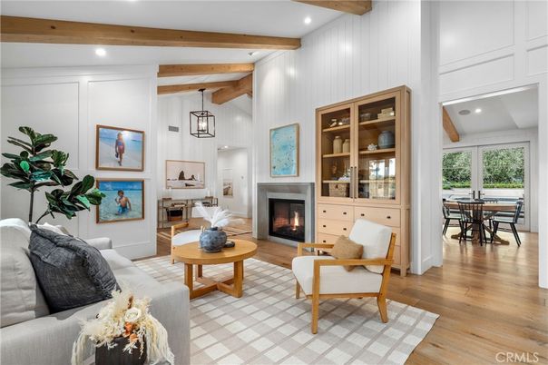 Dining room, Fireplace, Interior, Living room, Pendant Lights, Recessed Lighting, Wooden Beams, Wood Texture Flooring