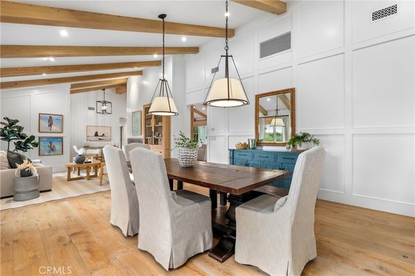 Dining room, Interior, Living room, Pendant Lights, Recessed Lighting, Wooden Beams, Wood Texture Flooring