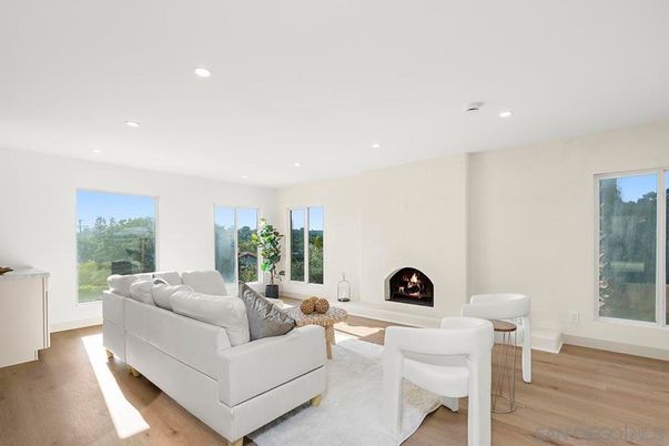 Fireplace, Interior, Living room, Recessed Lighting, Wood Texture Flooring