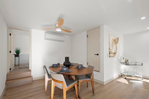 Dining room, Interior, Recessed Lighting, Wood Texture Flooring
