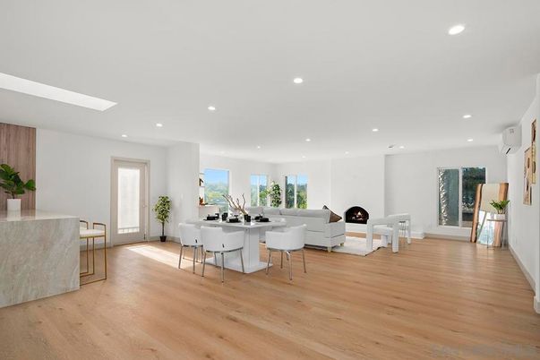 Dining room, Fireplace, Interior, Living room, Recessed Lighting, Wood Texture Flooring