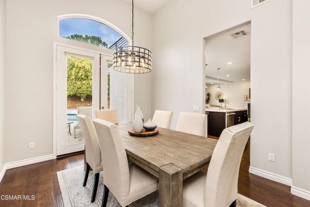 Dining room, Interior, Kitchen, Pendant Lights, Recessed Lighting, Wood Texture Flooring