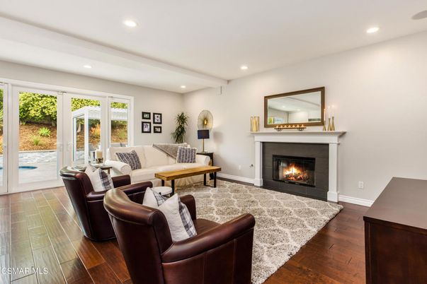 Fireplace, Interior, Living room, Recessed Lighting, Wood Texture Flooring