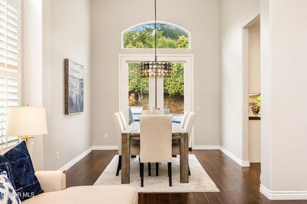 Dining room, Interior, Pendant Lights, Wood Texture Flooring