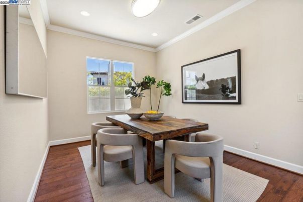 Dining room, Interior, Recessed Lighting, Wood Texture Flooring