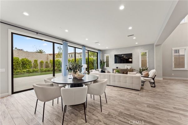 Dining room, Interior, Living room, Recessed Lighting, Wood Texture Flooring
