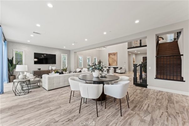 Dining room, Interior, Living room, Recessed Lighting, Wood Texture Flooring