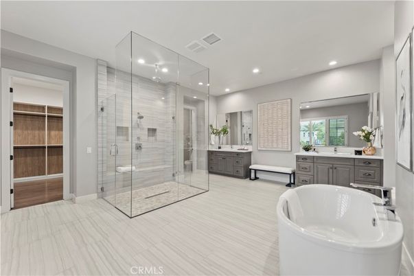 Bathroom, Dual Sink Vanities, Glass Shower, Interior, Recessed Lighting