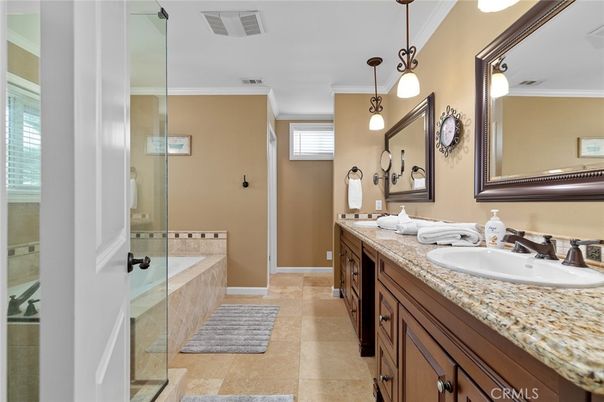 Bathroom, Dual Sink Vanities, Glass Shower, Interior, Pendant Lights