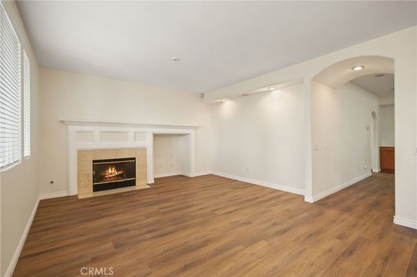 Empty room, Fireplace, Interior, Recessed Lighting, Wood Texture Flooring