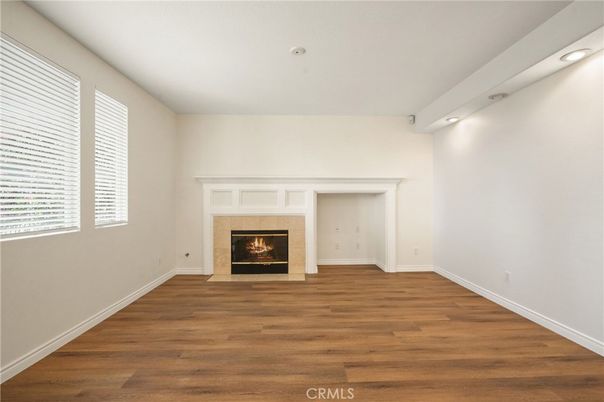 Empty room, Fireplace, Interior, Recessed Lighting, Wood Texture Flooring