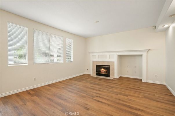 Empty room, Fireplace, Interior, Recessed Lighting, Wood Texture Flooring
