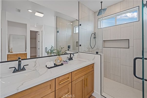 Bathroom, Dual Sink Vanities, Glass Shower, Interior, Recessed Lighting