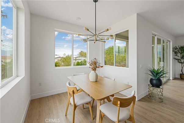 Dining room, Interior, Pendant Lights, Wood Texture Flooring