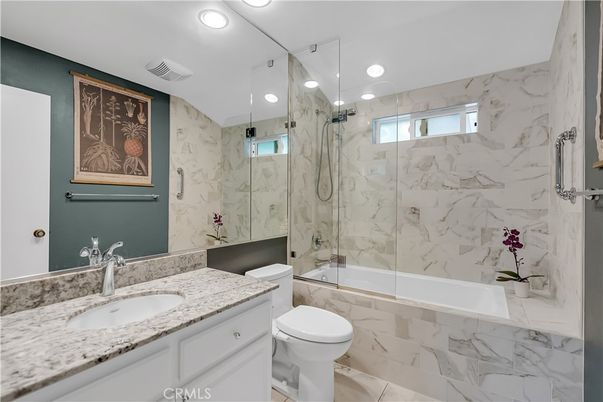 Bathroom, Glass Shower, Interior, Marble Walls, Recessed Lighting