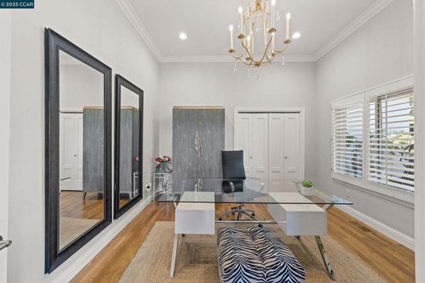 Chandelier, Home Office, Interior, Recessed Lighting, Wood Texture Flooring
