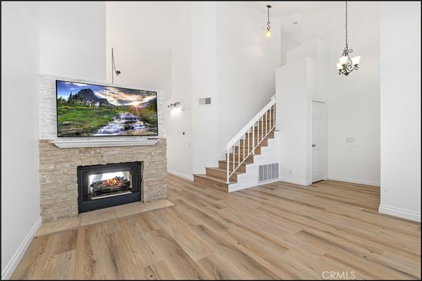 Empty room, Fireplace, Interior, Pendant Lights, Wood Texture Flooring