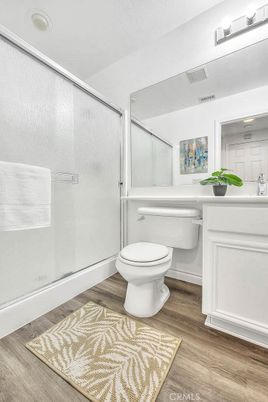 Bathroom, Glass Shower, Interior, Wood Texture Flooring