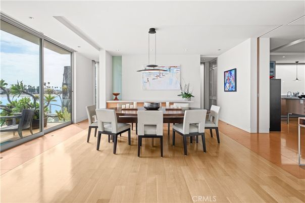 Dining room, Interior, Pendant Lights, Recessed Lighting, Water, Wood Texture Flooring