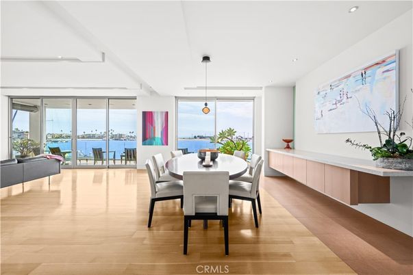 Dining room, Interior, Pendant Lights, Recessed Lighting, Water, Wood Texture Flooring