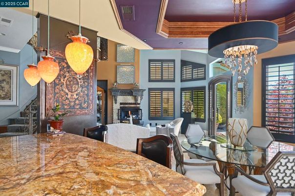 Chandelier, Dining room, Fireplace, Interior, Living room, Pendant Lights