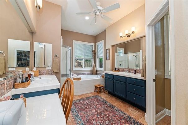 Bathroom, Dual Sink Vanities, Interior, Recessed Lighting, Tile Countertops