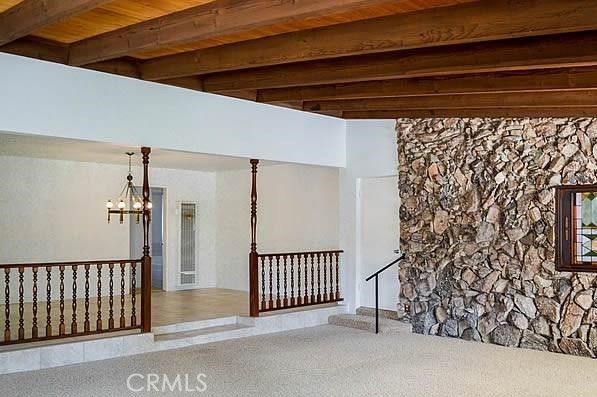Chandelier, Empty room, Interior, Pendant Lights, Stone Walls, Wooden Beams, Wooden Ceilings