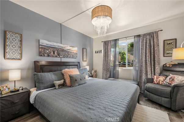 Bedroom, Chandelier, Interior, Wood Texture Flooring