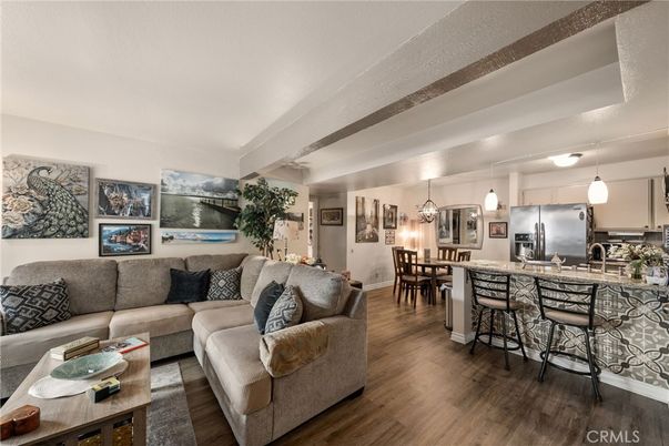 Dining room, Interior, Kitchen, Living room, Pendant Lights, Stainless Steel Appliances, Wood Texture Flooring