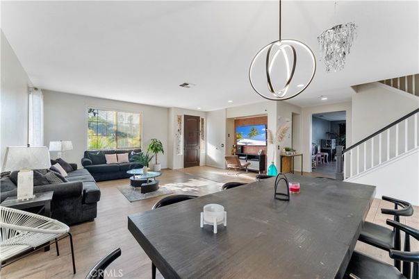 Chandelier, Dining room, Interior, Living room, Pendant Lights, Recessed Lighting, Wood Texture Flooring