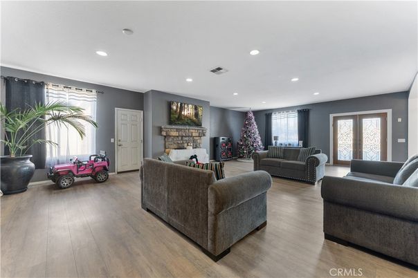 Fireplace, Interior, Living room, Recessed Lighting, Wood Texture Flooring