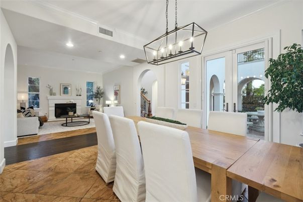 Dining room, Fireplace, Interior, Living room, Pendant Lights, Recessed Lighting, Wood Texture Flooring